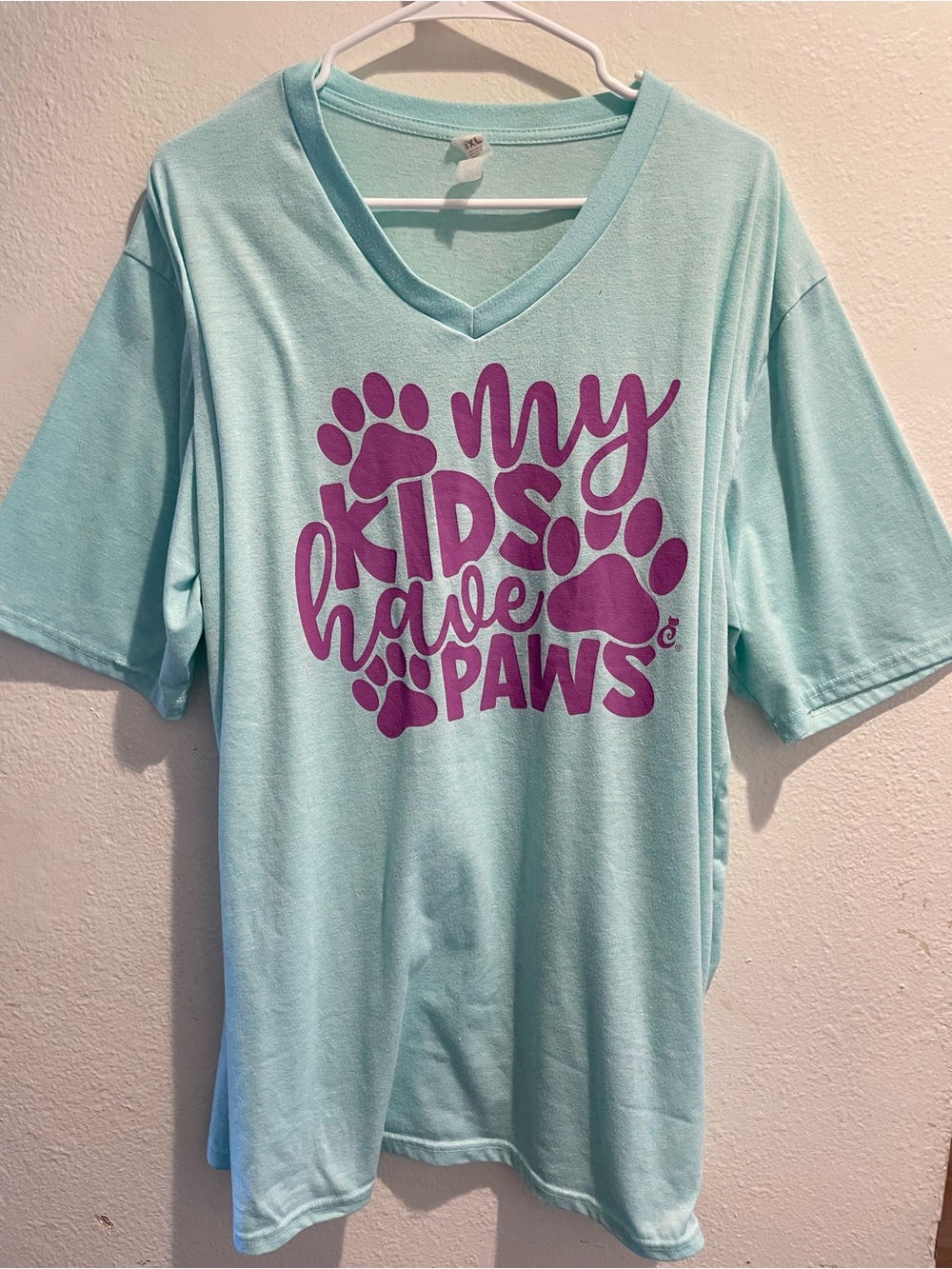 "My Kids Have Paws" Light Blue Purple Graphic V-Neck Tee Size 3XL
